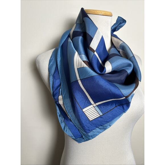Womens VTG Square Scarf Water Repellent Acetate Made In Japan Blue Colorblock - Picture 6 of 6